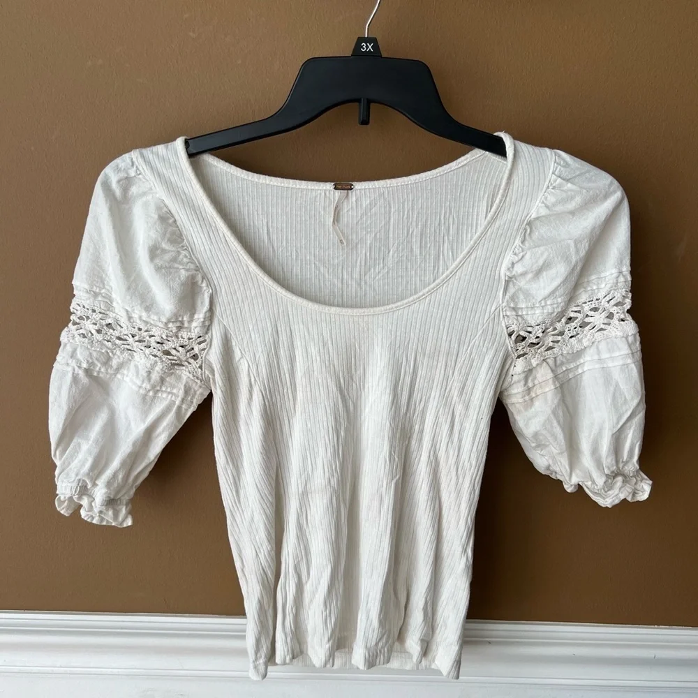 Free People Ivory Something Special Tee Women's White Lace Sleeves Size XS